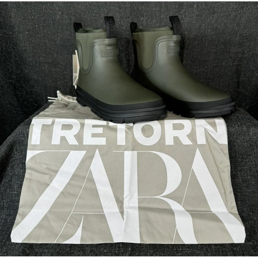 Zara x Tretorn Lluvia Neopreno Rain Ankle Boots Khaki Green W Size US 5.5 Eur 38